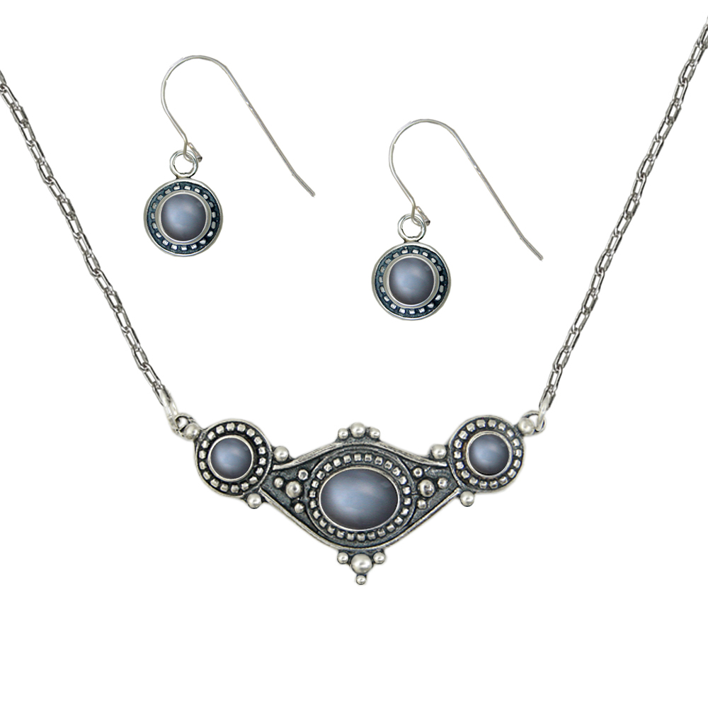 Sterling Silver Designer Necklace Earrings Set in Grey Moonstone